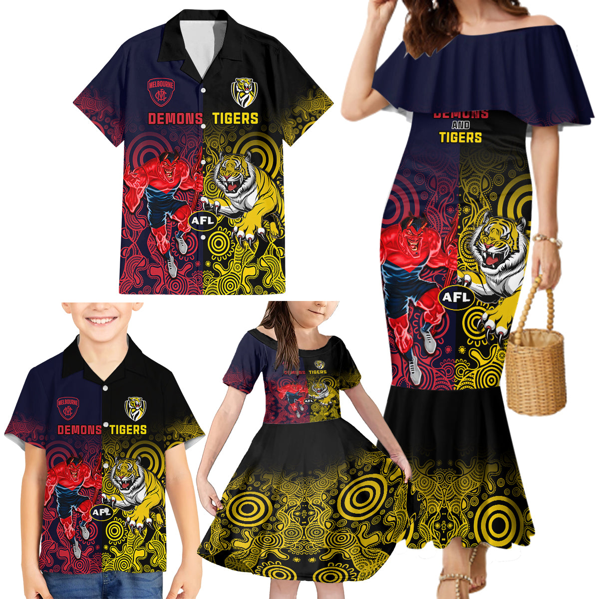 custom-demons-and-tigers-football-family-matching-mermaid-dress-and-hawaiian-shirt-2023-together-indigenous-art