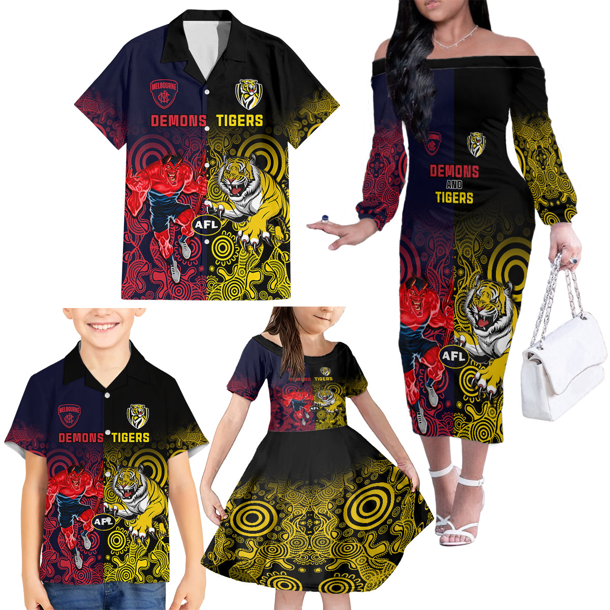 custom-demons-and-tigers-football-family-matching-off-shoulder-long-sleeve-dress-and-hawaiian-shirt-2023-together-indigenous-art