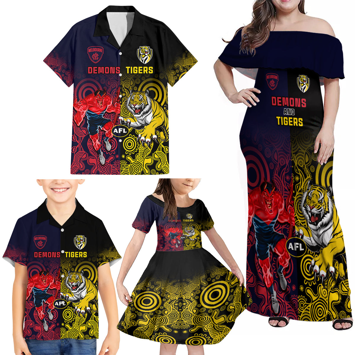 custom-demons-and-tigers-football-family-matching-off-shoulder-maxi-dress-and-hawaiian-shirt-2023-together-indigenous-art