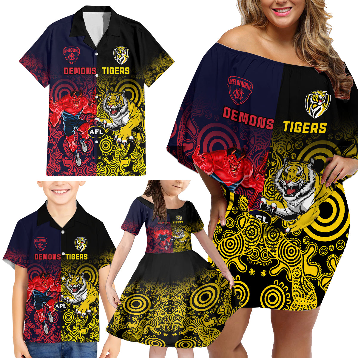 custom-demons-and-tigers-football-family-matching-off-shoulder-short-dress-and-hawaiian-shirt-2023-together-indigenous-art