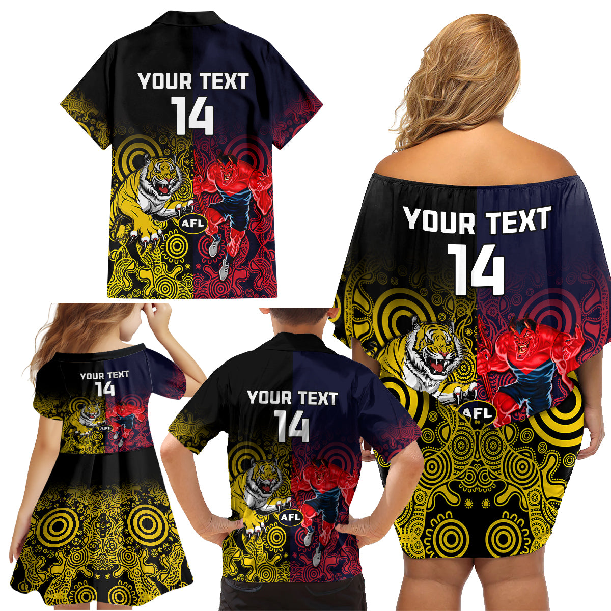 custom-demons-and-tigers-football-family-matching-off-shoulder-short-dress-and-hawaiian-shirt-2023-together-indigenous-art