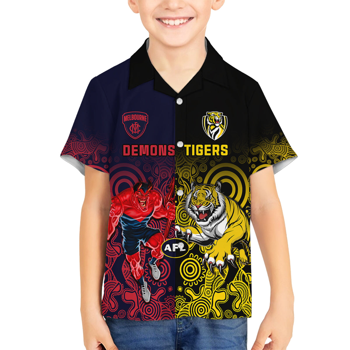 custom-demons-and-tigers-football-family-matching-off-shoulder-short-dress-and-hawaiian-shirt-2023-together-indigenous-art