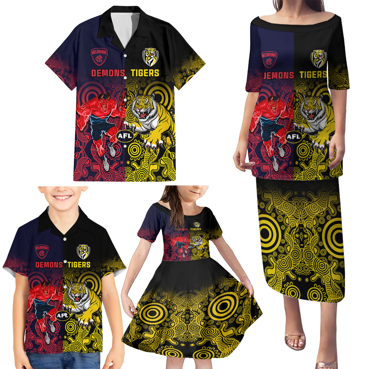 custom-demons-and-tigers-football-family-matching-puletasi-dress-and-hawaiian-shirt-2023-together-indigenous-art