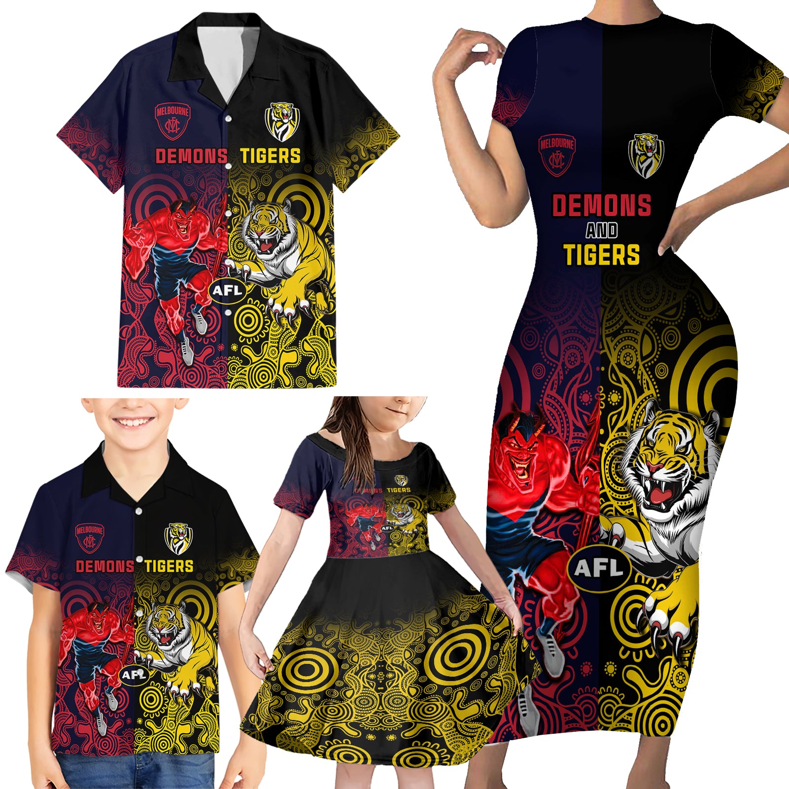 custom-demons-and-tigers-football-family-matching-short-sleeve-bodycon-dress-and-hawaiian-shirt-2023-together-indigenous-art