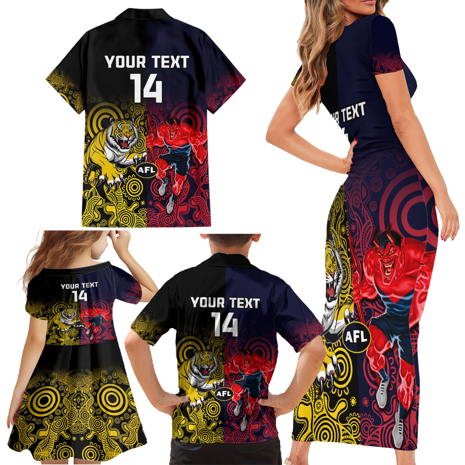 custom-demons-and-tigers-football-family-matching-short-sleeve-bodycon-dress-and-hawaiian-shirt-2023-together-indigenous-art