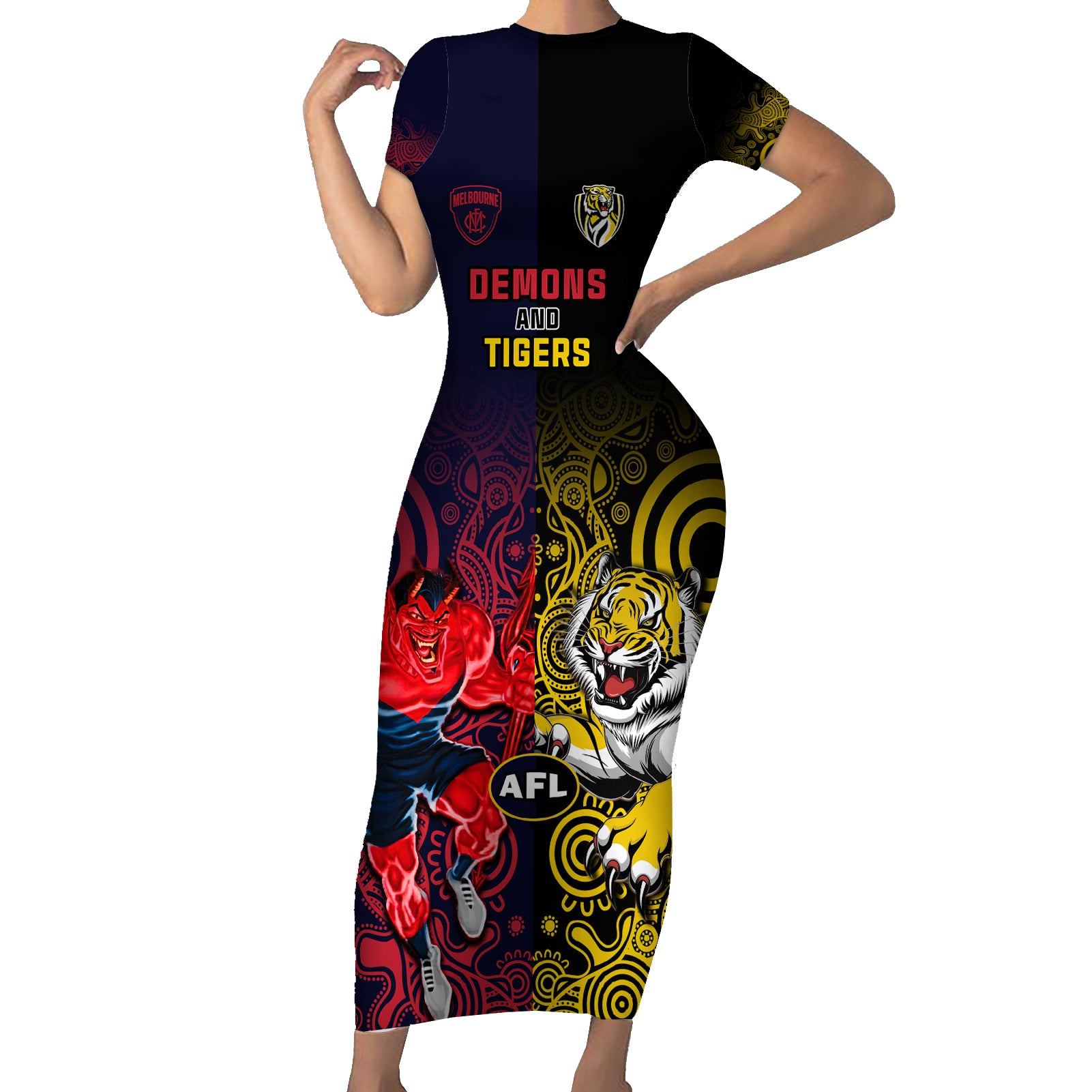 custom-demons-and-tigers-football-family-matching-short-sleeve-bodycon-dress-and-hawaiian-shirt-2023-together-indigenous-art