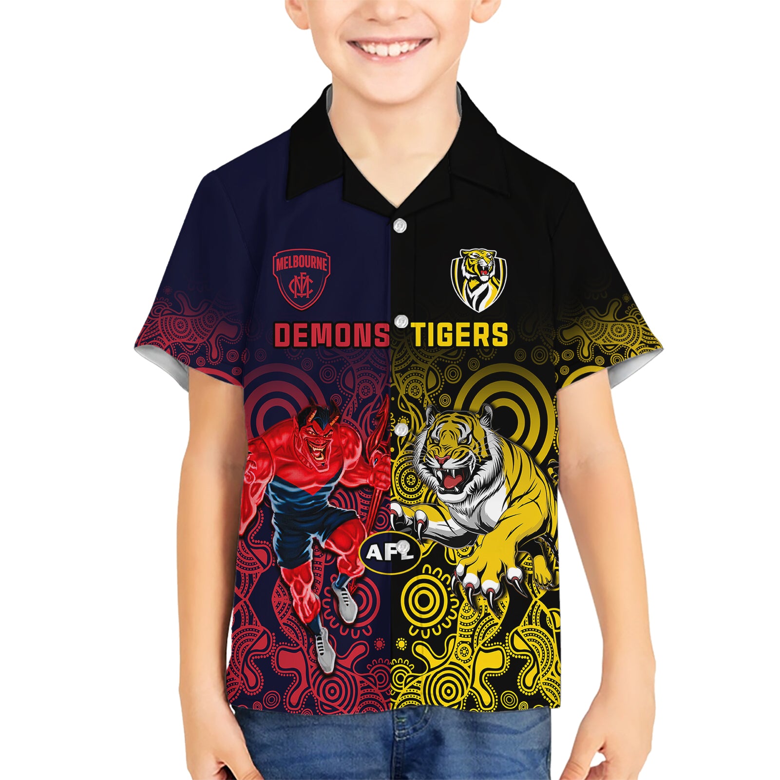 custom-demons-and-tigers-football-family-matching-short-sleeve-bodycon-dress-and-hawaiian-shirt-2023-together-indigenous-art