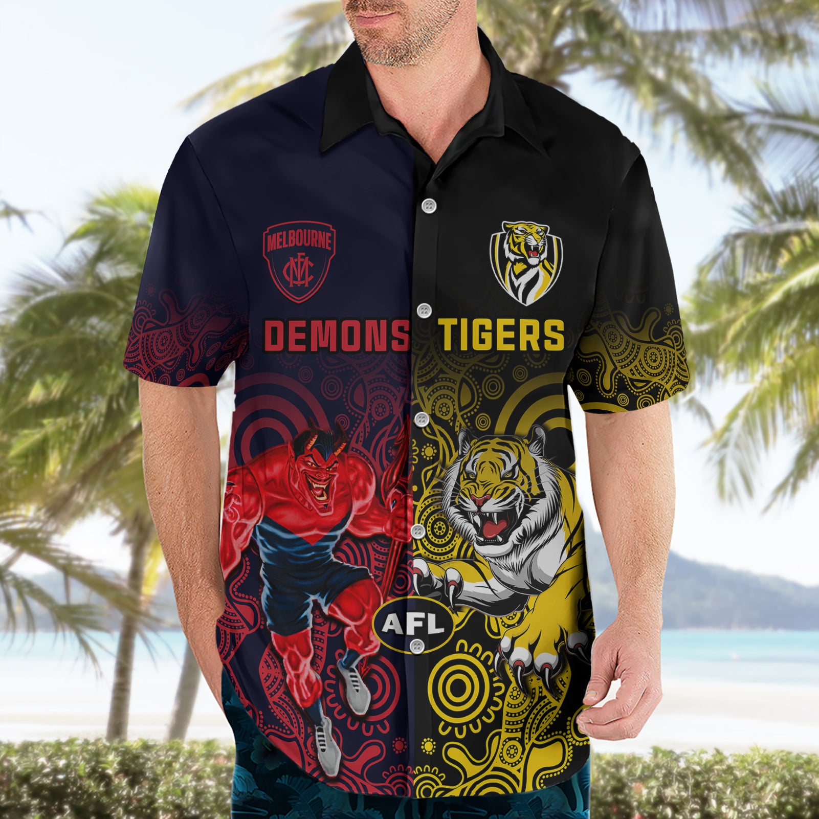 Custom Demons And Tigers Football Hawaiian Shirt 2023 Together Indigenous Art - Vibe Hoodie Shop