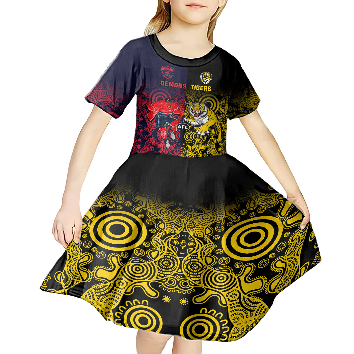 Custom Demons And Tigers Football Kid Short Sleeve Dress 2023 Together Indigenous Art - Vibe Hoodie Shop