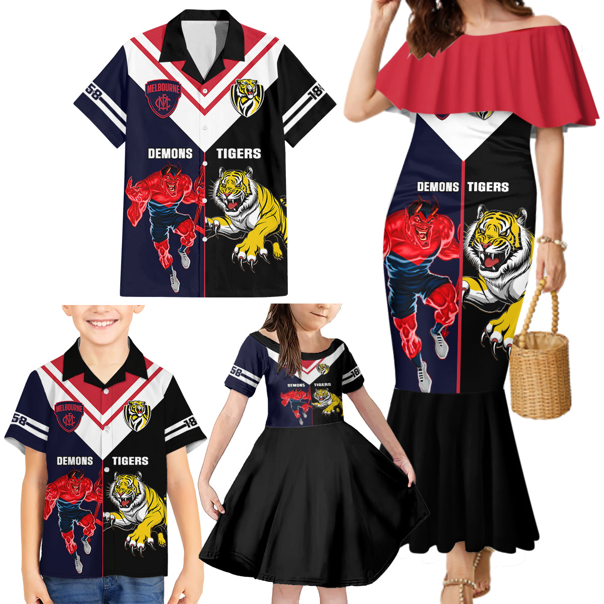 custom-demons-and-tigers-football-family-matching-mermaid-dress-and-hawaiian-shirt-2023-together-sporty-version