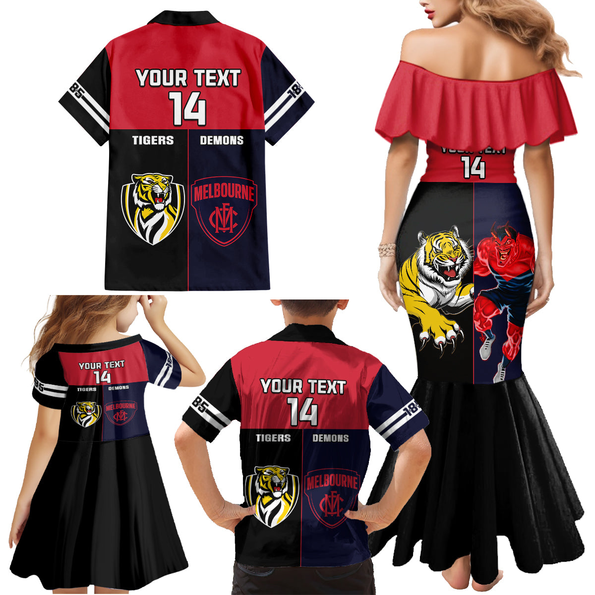 custom-demons-and-tigers-football-family-matching-mermaid-dress-and-hawaiian-shirt-2023-together-sporty-version