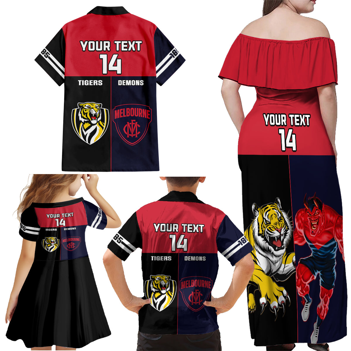 custom-demons-and-tigers-football-family-matching-off-shoulder-long-sleeve-dress-and-hawaiian-shirt-2023-together-sporty-version