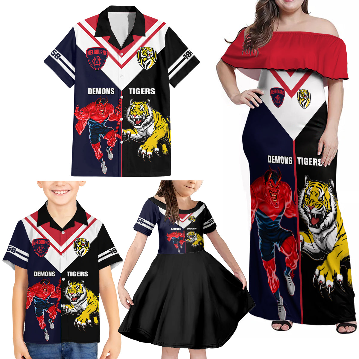 custom-demons-and-tigers-football-family-matching-off-shoulder-maxi-dress-and-hawaiian-shirt-2023-together-sporty-version