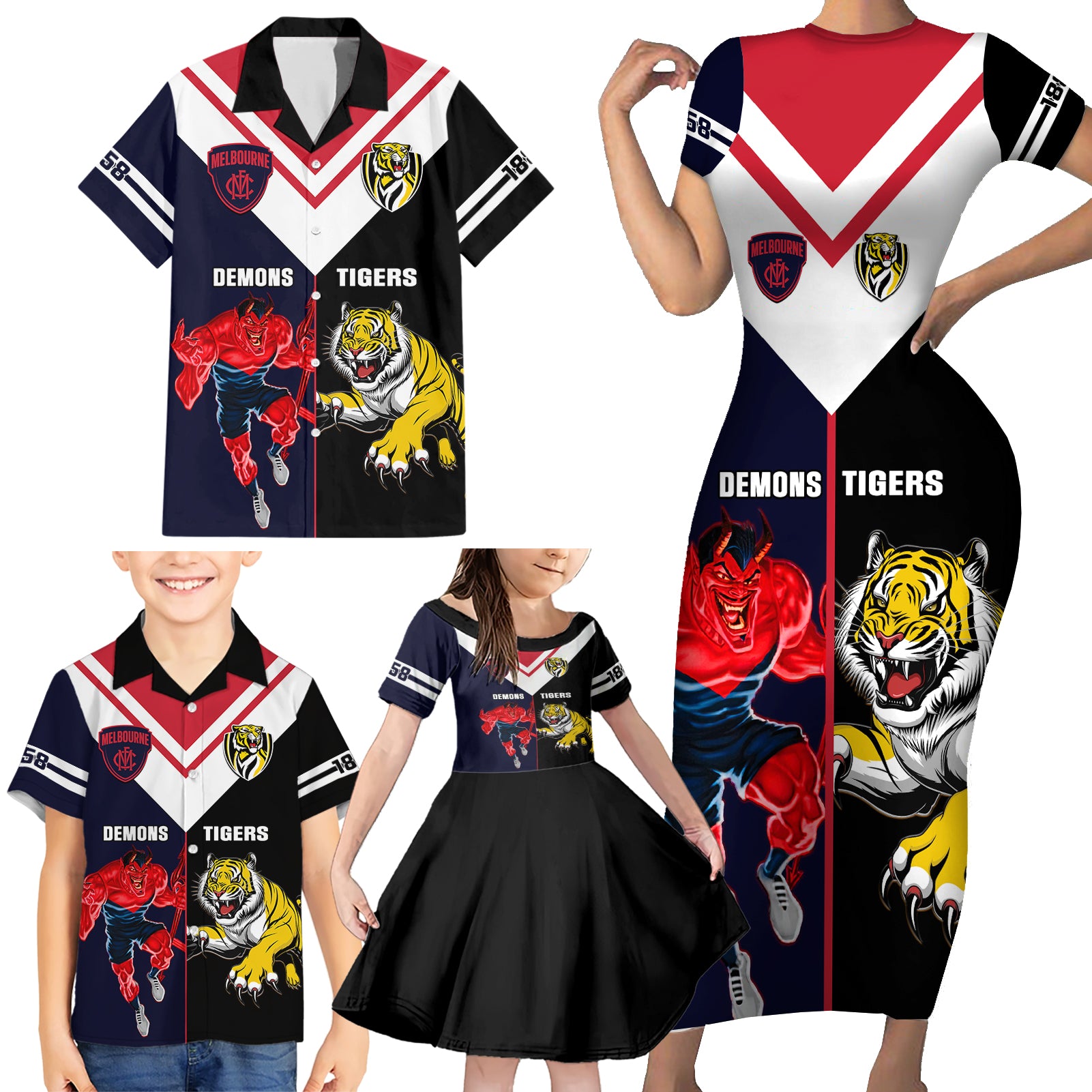 custom-demons-and-tigers-football-family-matching-short-sleeve-bodycon-dress-and-hawaiian-shirt-2023-together-sporty-version