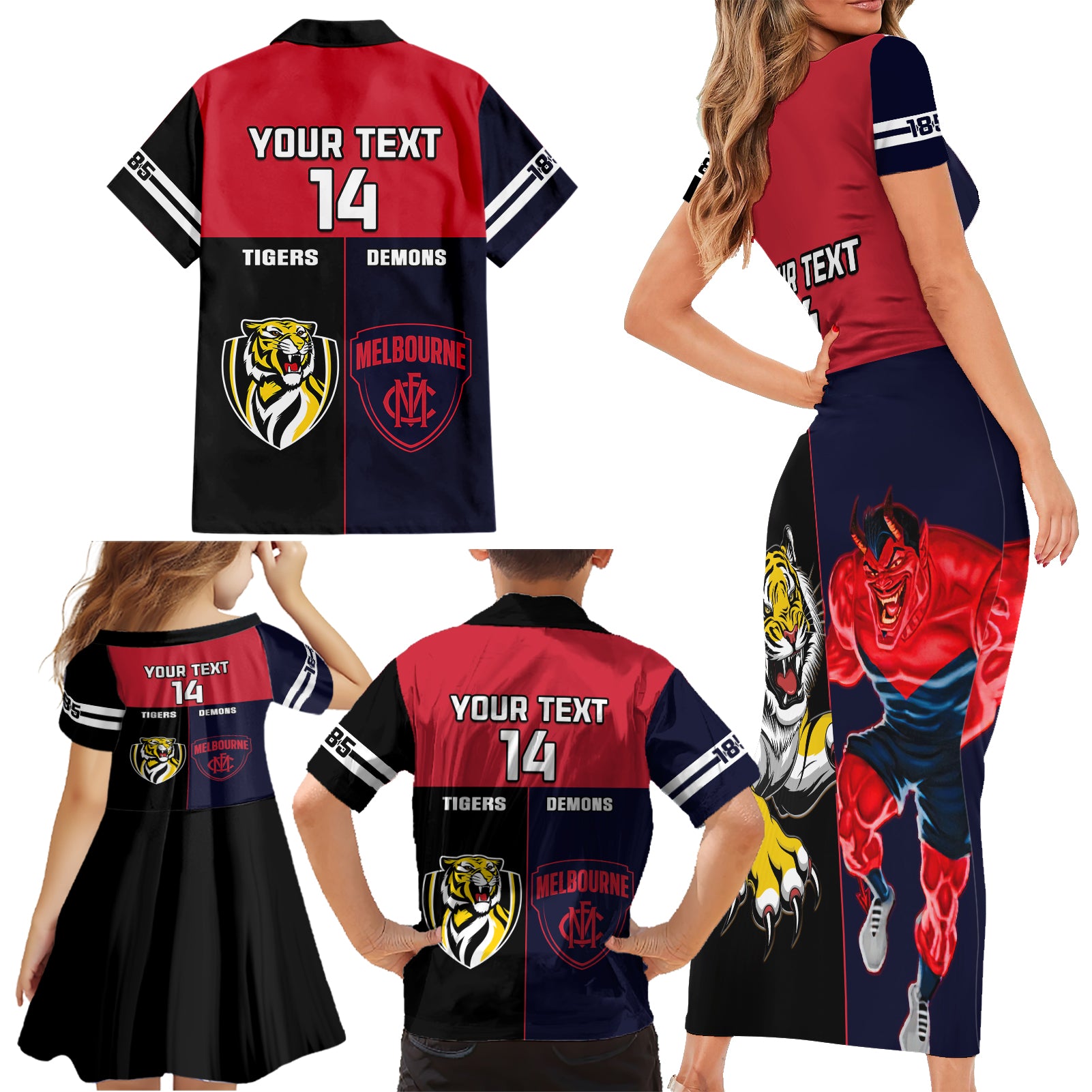 custom-demons-and-tigers-football-family-matching-short-sleeve-bodycon-dress-and-hawaiian-shirt-2023-together-sporty-version