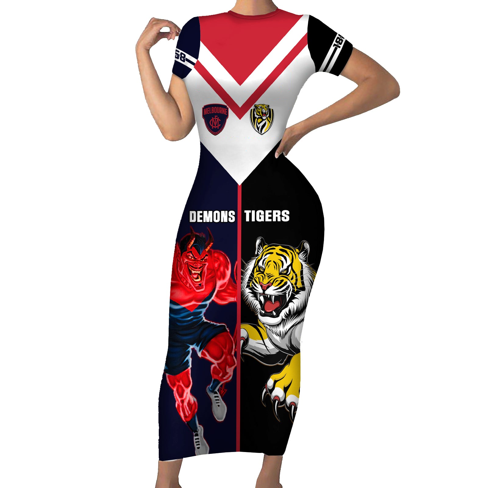 custom-demons-and-tigers-football-family-matching-short-sleeve-bodycon-dress-and-hawaiian-shirt-2023-together-sporty-version