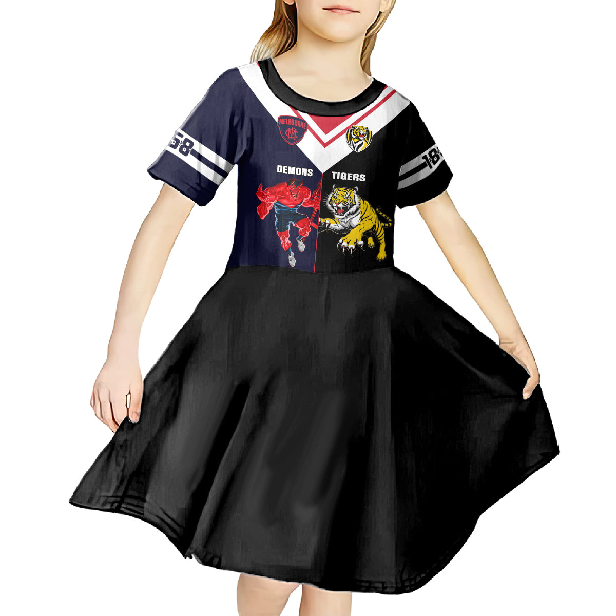 Custom Demons And Tigers Football Kid Short Sleeve Dress 2023 Together Sporty Version - Vibe Hoodie Shop