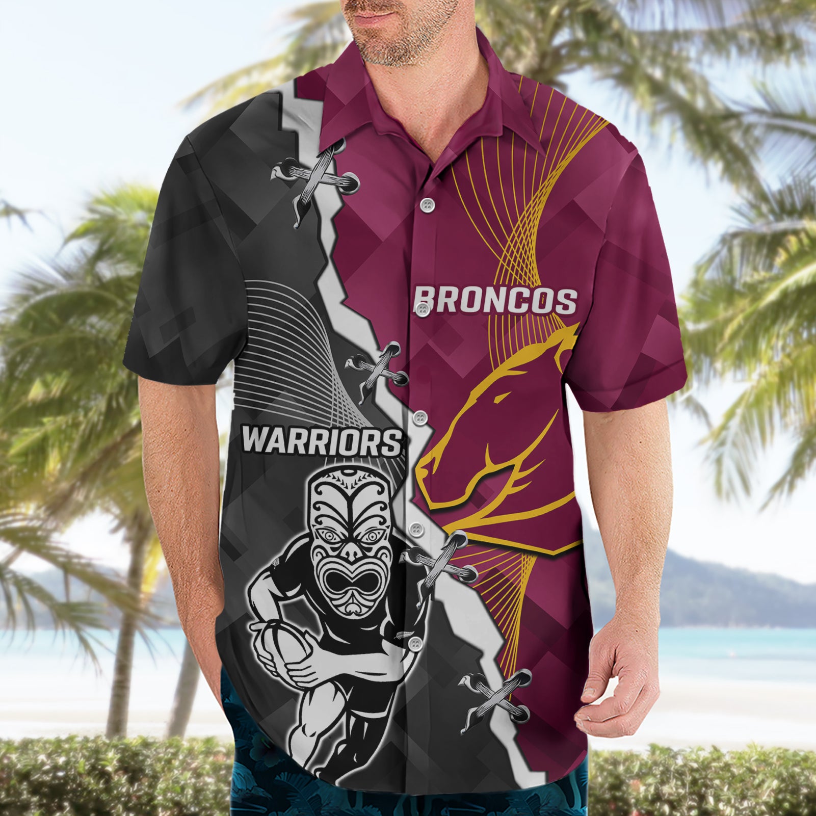 Personalised Warriors And Broncos Rugby Hawaiian Shirt 2023 Together Sporty Style - Vibe Hoodie Shop