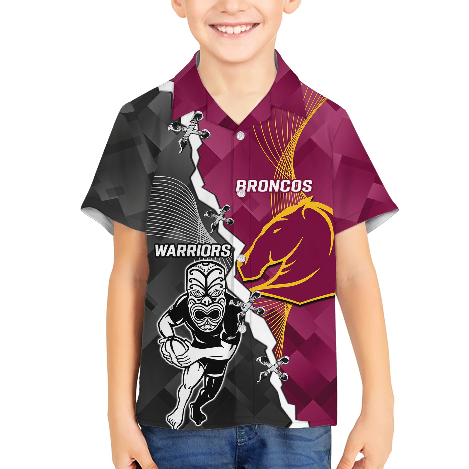 Personalised Warriors And Broncos Rugby Hawaiian Shirt 2023 Together Sporty Style - Vibe Hoodie Shop