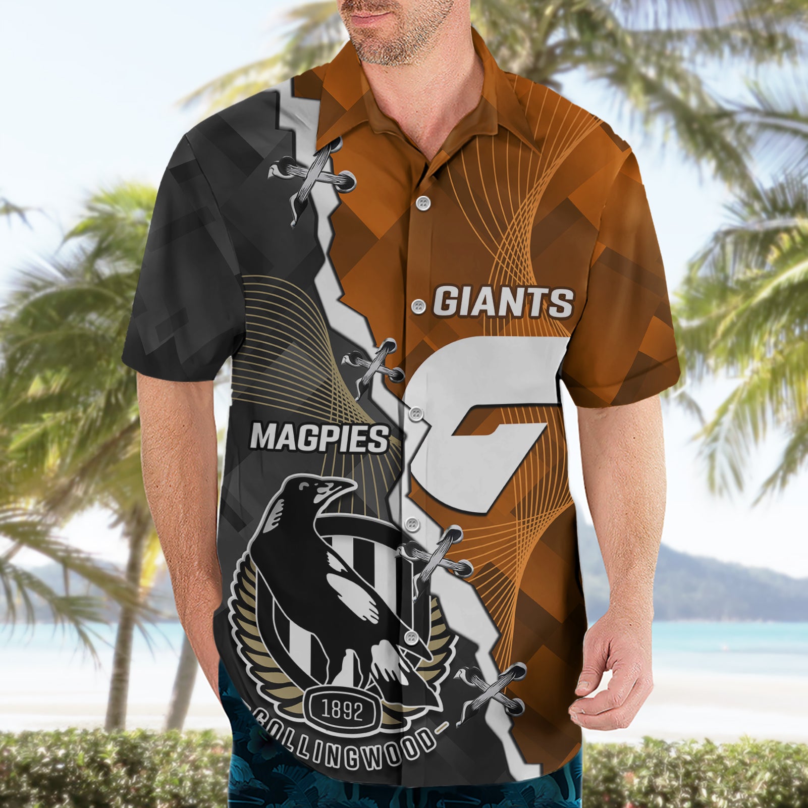 Personalised Collingwood And Giants Football Hawaiian Shirt 2023 Together Sporty Style - Vibe Hoodie Shop