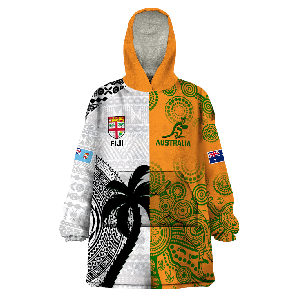 Fiji And Australia Rugby Wearable Blanket Hoodie 2023 World Cup Aboriginal Mix Tapa Pattern - Vibe Hoodie Shop