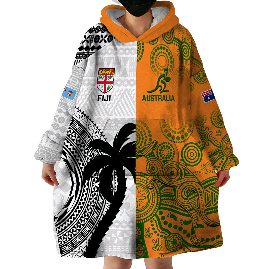 Fiji And Australia Rugby Wearable Blanket Hoodie 2023 World Cup Aboriginal Mix Tapa Pattern - Vibe Hoodie Shop