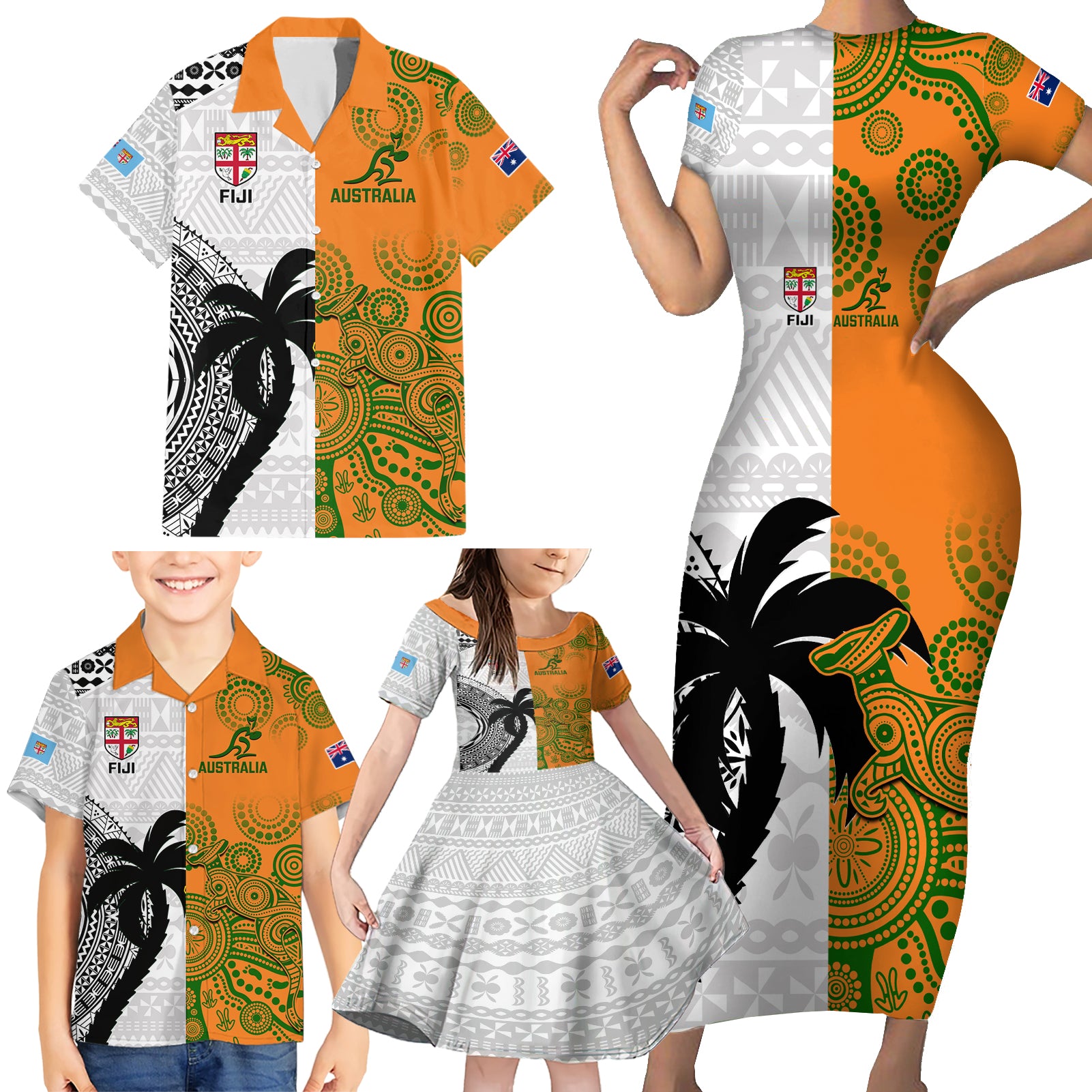 custom-fiji-and-australia-rugby-family-matching-short-sleeve-bodycon-dress-and-hawaiian-shirt-2023-world-cup-aboriginal-mix-tapa-pattern