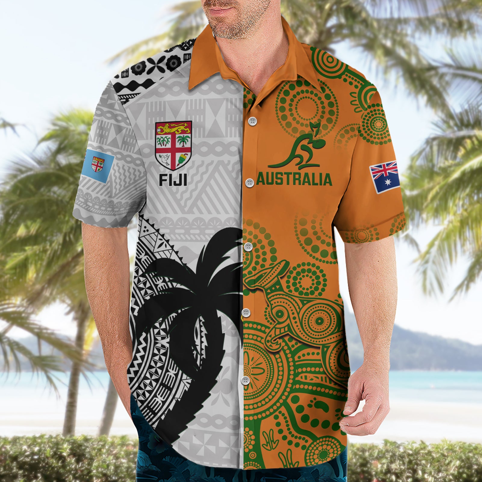 Custom Fiji And Australia Rugby Hawaiian Shirt 2023 World Cup Aboriginal Mix Tapa Pattern - Vibe Hoodie Shop