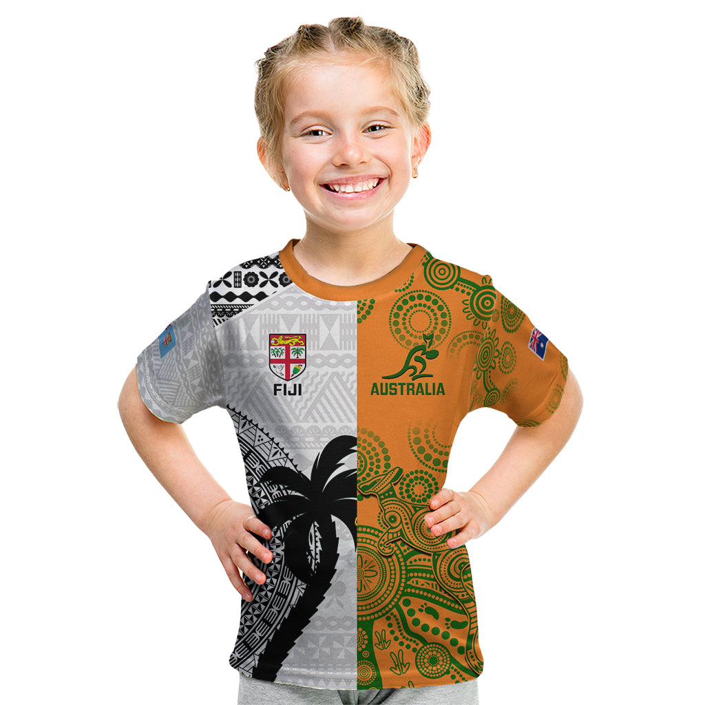 Custom Fiji And Australia Rugby Kid T Shirt 2023 World Cup Aboriginal Mix Tapa Pattern - Vibe Hoodie Shop