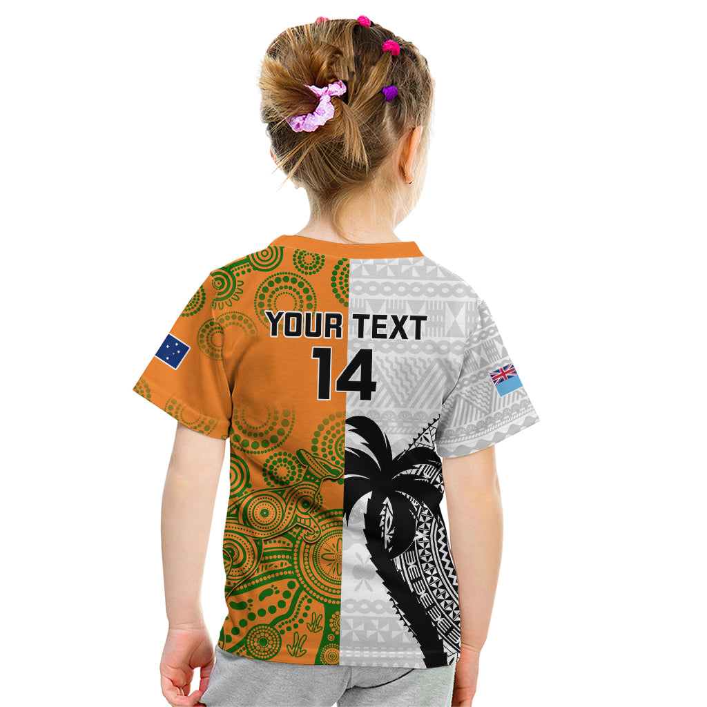 Custom Fiji And Australia Rugby Kid T Shirt 2023 World Cup Aboriginal Mix Tapa Pattern - Vibe Hoodie Shop