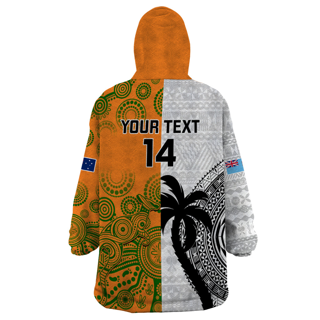 Custom Fiji And Australia Rugby Wearable Blanket Hoodie 2023 World Cup Aboriginal Mix Tapa Pattern - Vibe Hoodie Shop