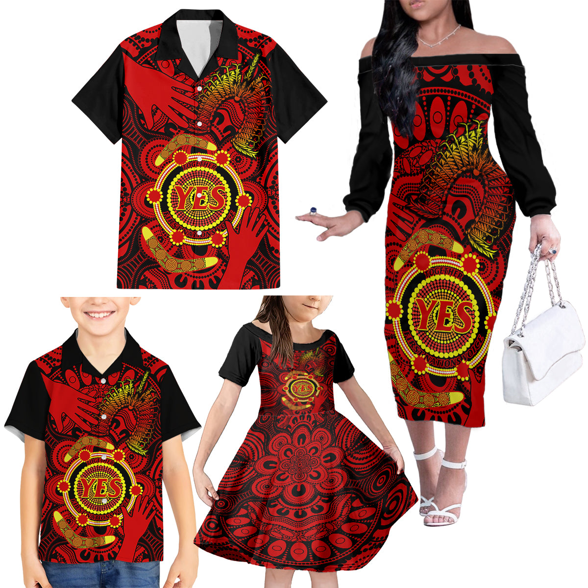 australia-walk-for-yes-family-matching-off-shoulder-long-sleeve-dress-and-hawaiian-shirt-say-yes-to-australian-indigenous-voice