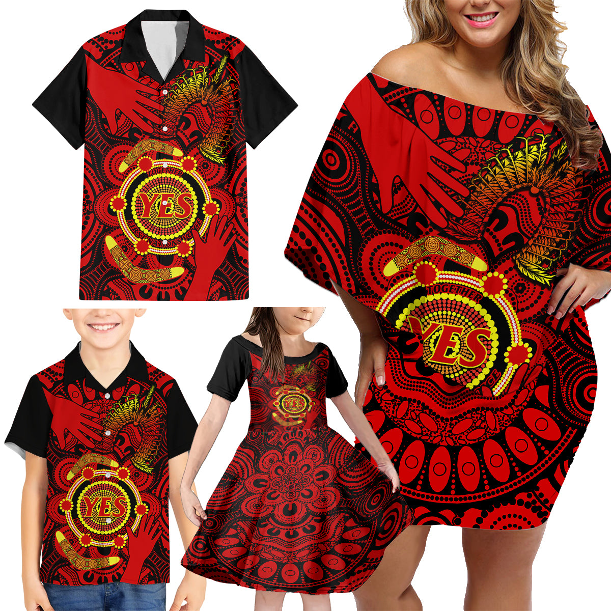 australia-walk-for-yes-family-matching-off-shoulder-short-dress-and-hawaiian-shirt-say-yes-to-australian-indigenous-voice