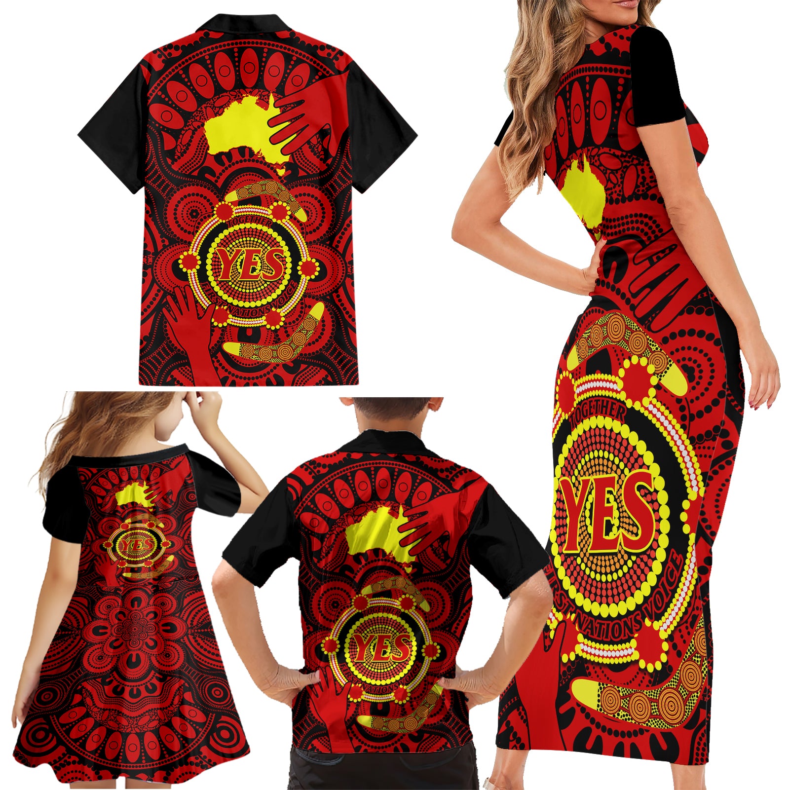 australia-walk-for-yes-family-matching-short-sleeve-bodycon-dress-and-hawaiian-shirt-say-yes-to-australian-indigenous-voice