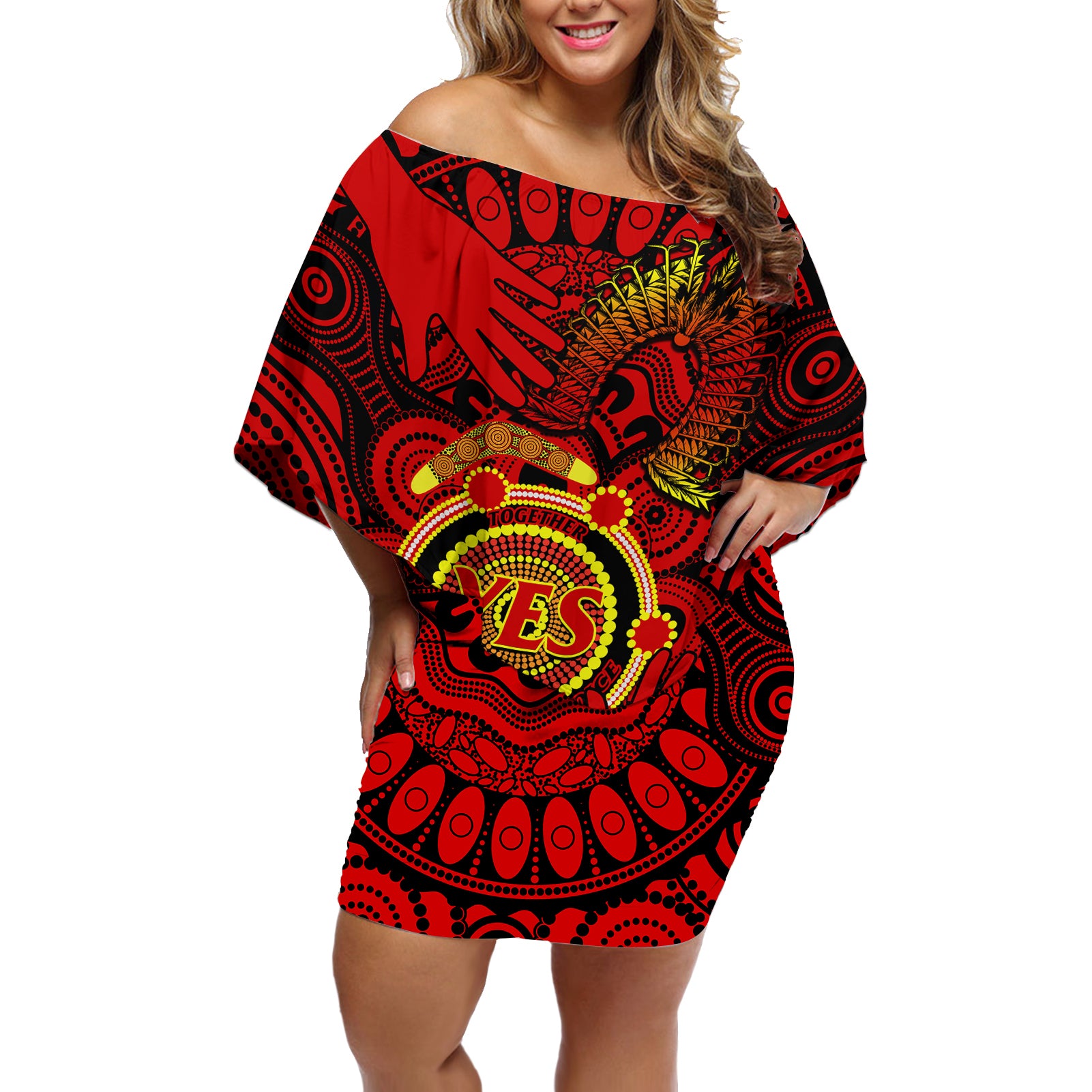 australia-walk-for-yes-off-shoulder-short-dress-say-yes-to-australian-indigenous-voice