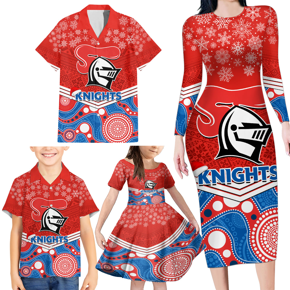 custom-knights-rugby-christmas-family-matching-long-sleeve-bodycon-dress-and-hawaiian-shirt-merry-xmas-2023-mix-aboriginal-art