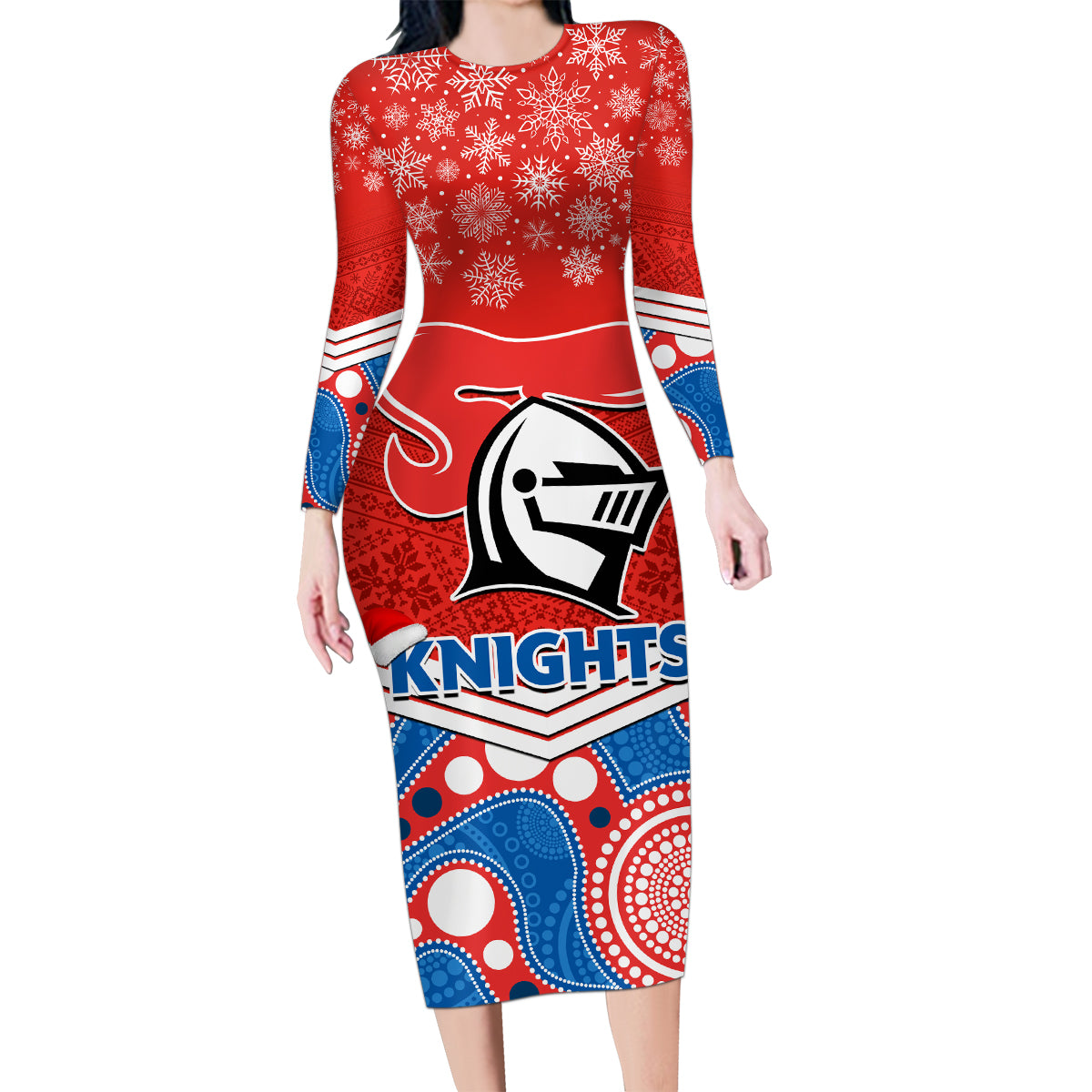 custom-knights-rugby-christmas-family-matching-long-sleeve-bodycon-dress-and-hawaiian-shirt-merry-xmas-2023-mix-aboriginal-art