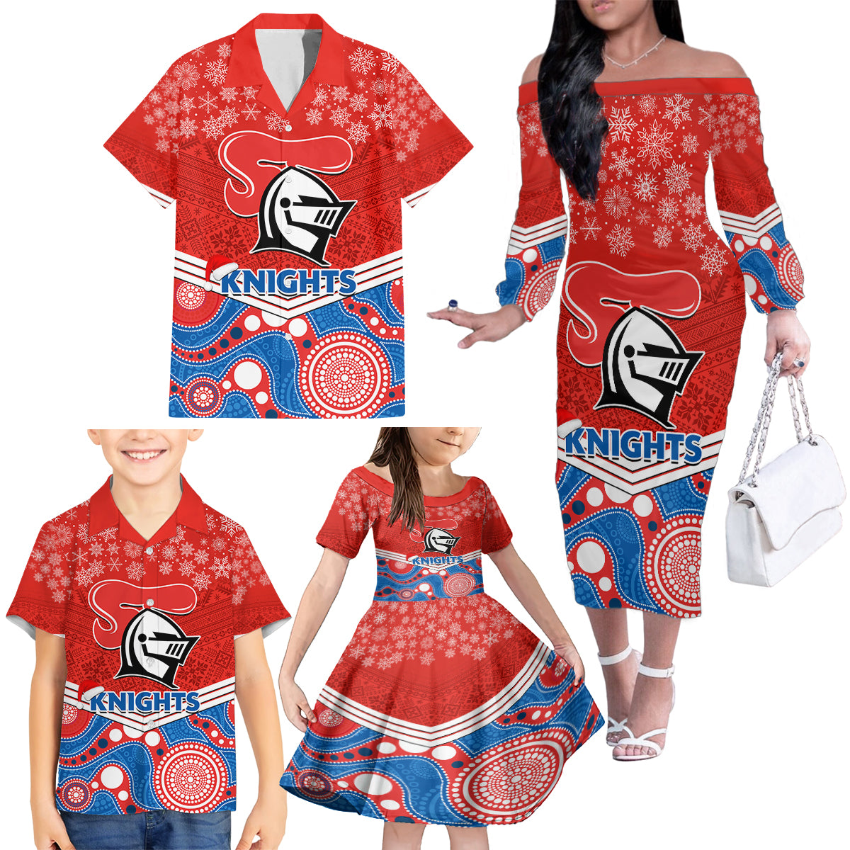 custom-knights-rugby-christmas-family-matching-off-shoulder-long-sleeve-dress-and-hawaiian-shirt-merry-xmas-2023-mix-aboriginal-art