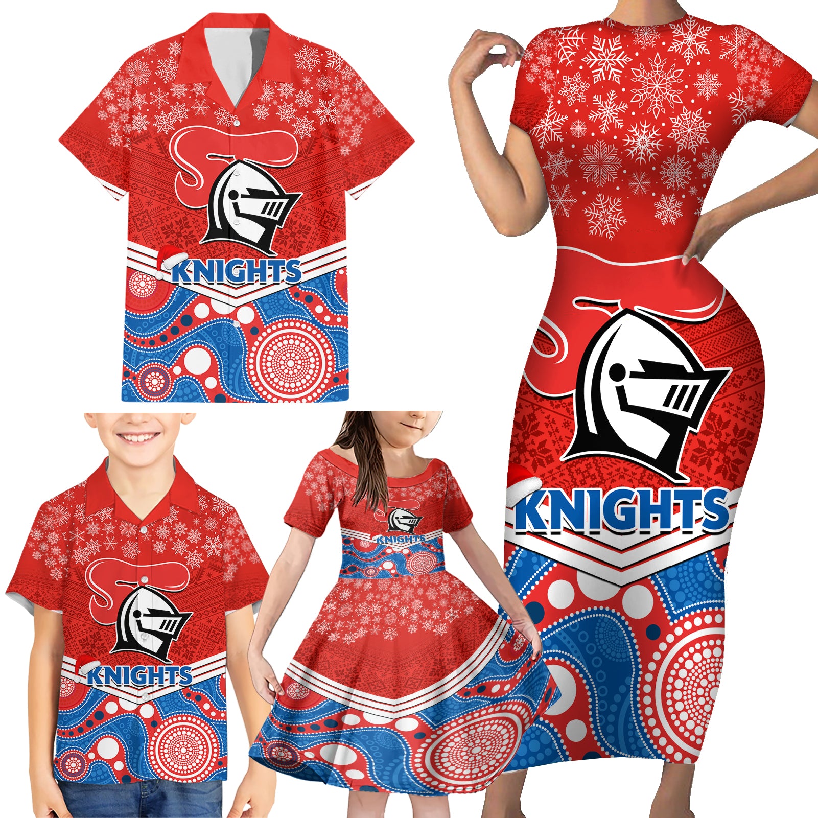 custom-knights-rugby-christmas-family-matching-short-sleeve-bodycon-dress-and-hawaiian-shirt-merry-xmas-2023-mix-aboriginal-art