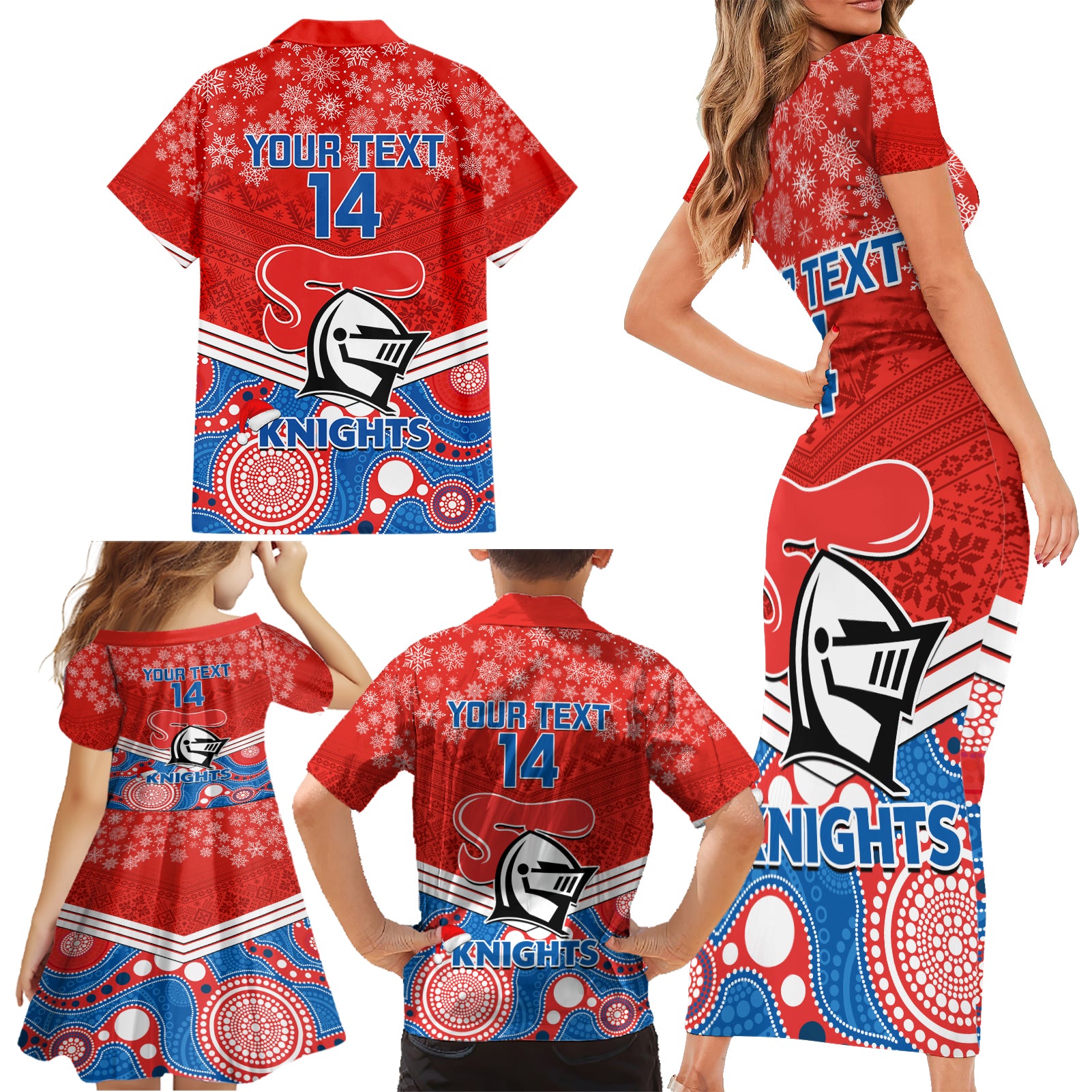 custom-knights-rugby-christmas-family-matching-short-sleeve-bodycon-dress-and-hawaiian-shirt-merry-xmas-2023-mix-aboriginal-art