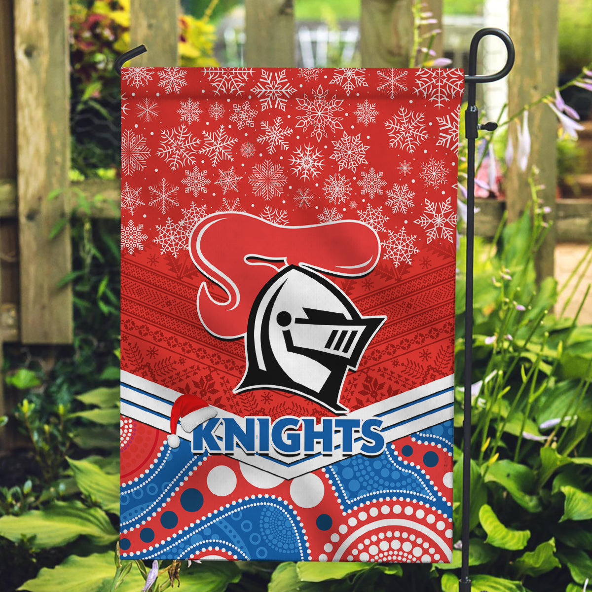 Knights Rugby Christmas Garden Flag Merry Xmas 2023 Mix Aboriginal Art - Vibe Hoodie Shop