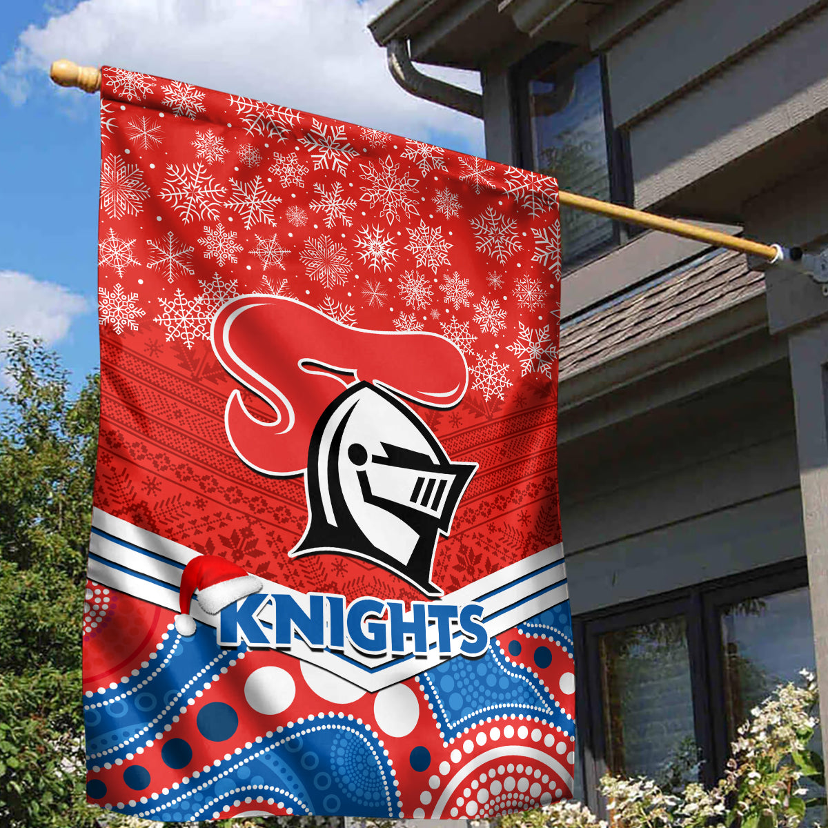 Knights Rugby Christmas Garden Flag Merry Xmas 2023 Mix Aboriginal Art - Vibe Hoodie Shop