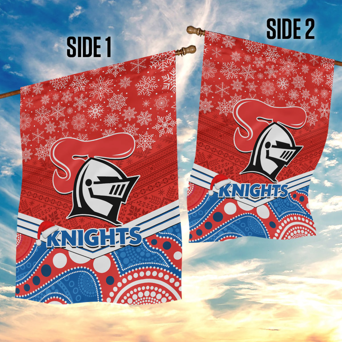 Knights Rugby Christmas Garden Flag Merry Xmas 2023 Mix Aboriginal Art - Vibe Hoodie Shop