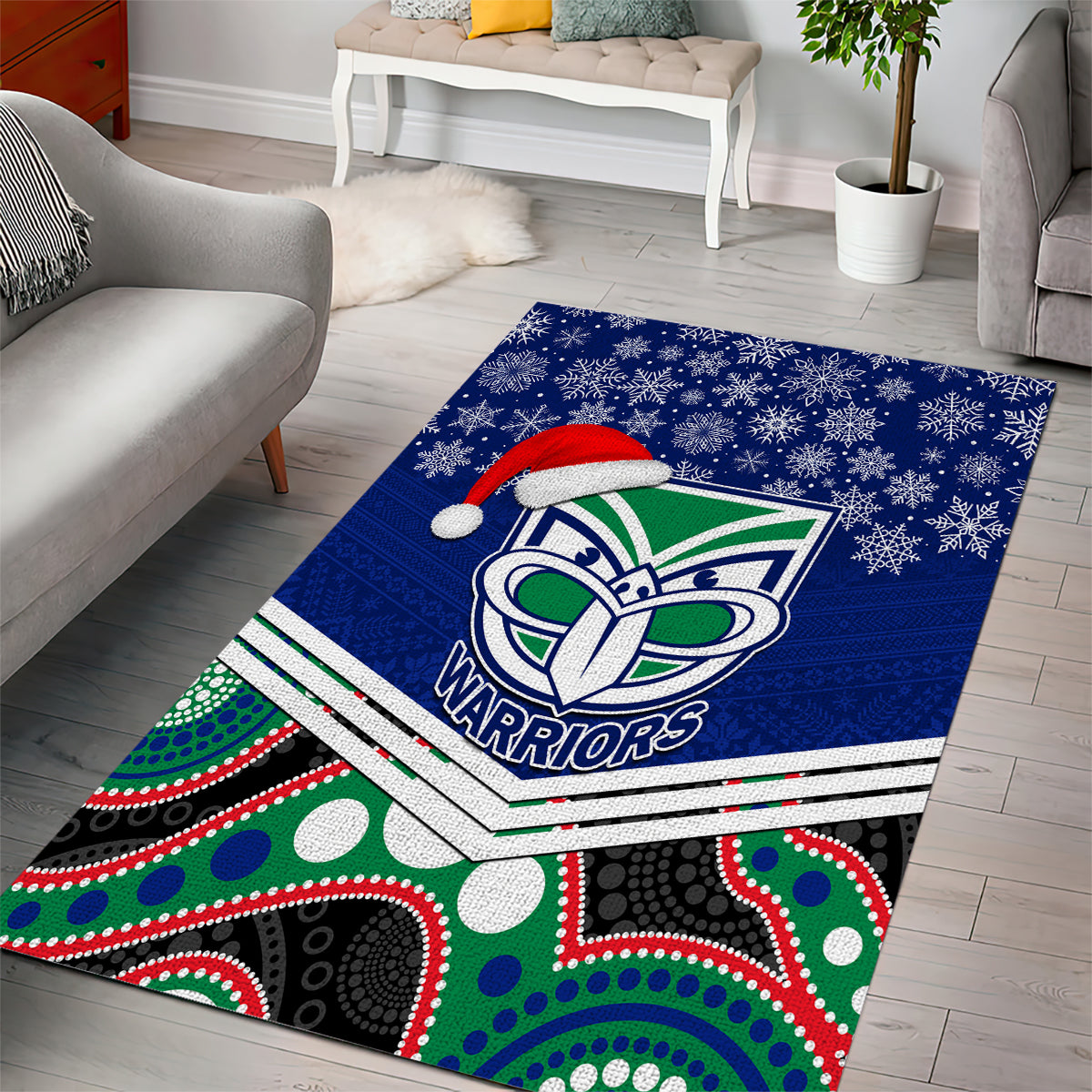 Warriors Rugby Christmas Area Rug Merry Xmas 2023 Mix Aboriginal Art - Vibe Hoodie Shop