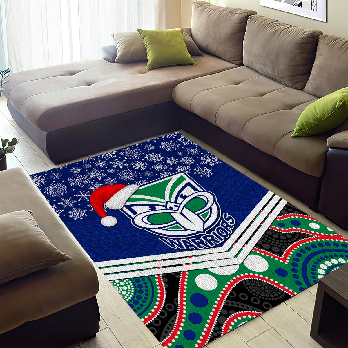 Warriors Rugby Christmas Area Rug Merry Xmas 2023 Mix Aboriginal Art - Vibe Hoodie Shop