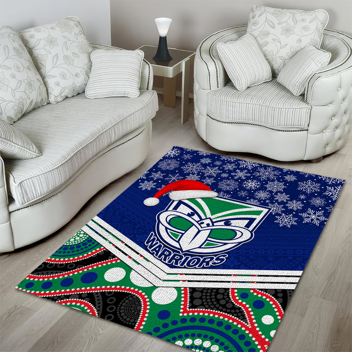 Warriors Rugby Christmas Area Rug Merry Xmas 2023 Mix Aboriginal Art - Vibe Hoodie Shop