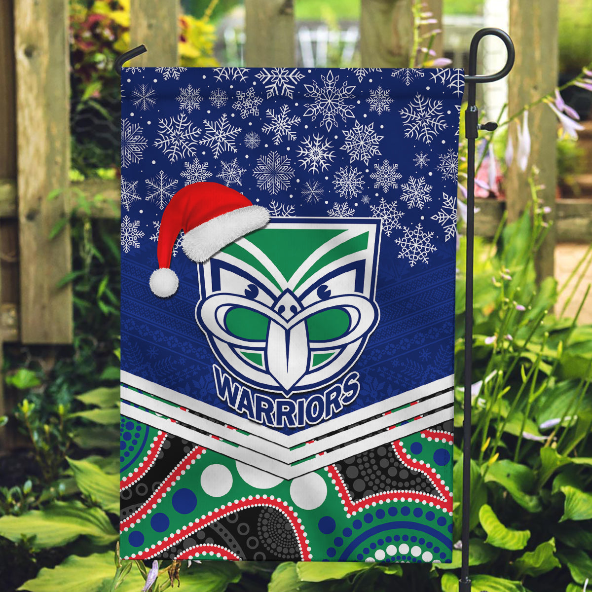 Warriors Rugby Christmas Garden Flag Merry Xmas 2023 Mix Aboriginal Art - Vibe Hoodie Shop