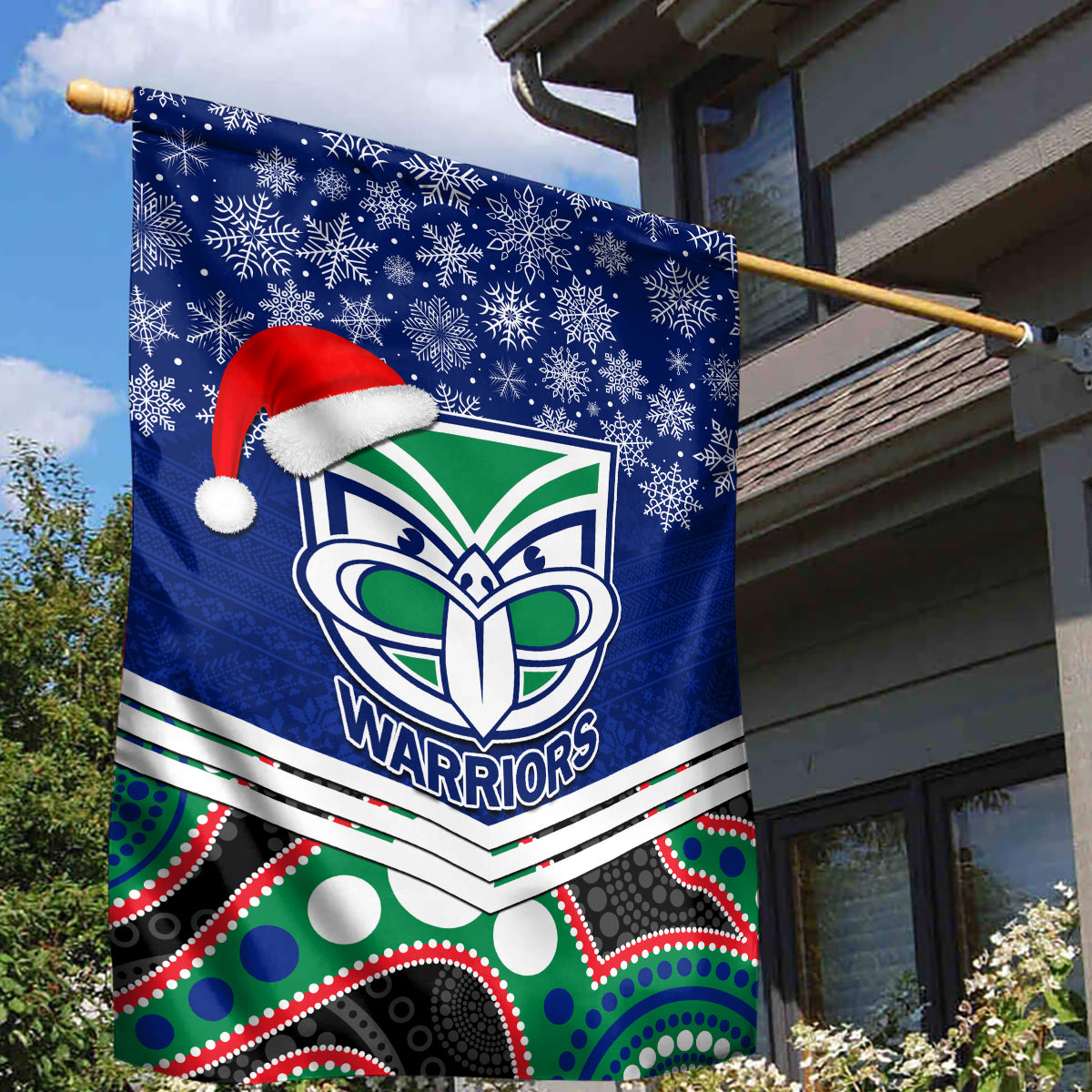 Warriors Rugby Christmas Garden Flag Merry Xmas 2023 Mix Aboriginal Art - Vibe Hoodie Shop