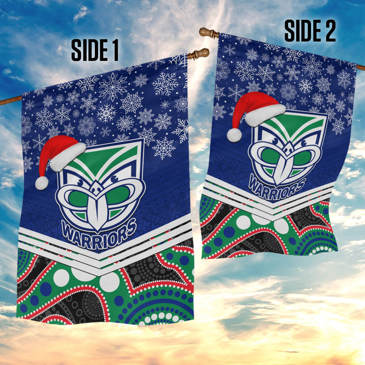 Warriors Rugby Christmas Garden Flag Merry Xmas 2023 Mix Aboriginal Art - Vibe Hoodie Shop