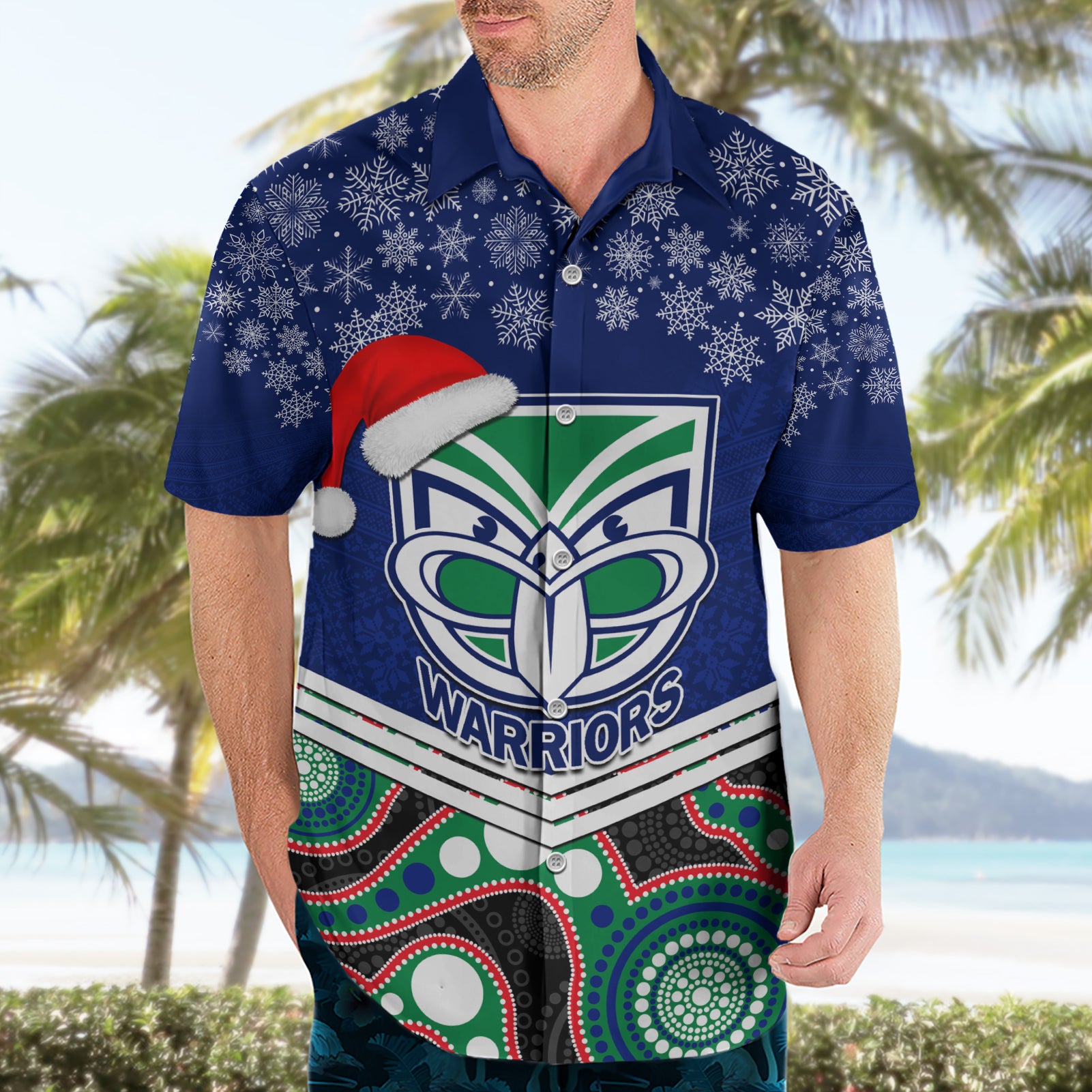 Custom Warriors Rugby Christmas Hawaiian Shirt Merry Xmas 2023 Mix Aboriginal Art - Vibe Hoodie Shop